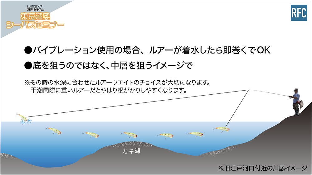 6月7月の河川デイゲーム第1回 河川デイゲームで使用するルアーとレンジ 前田泰久の東京湾奥シーバスセミナー リアルフィッシングカウンシル